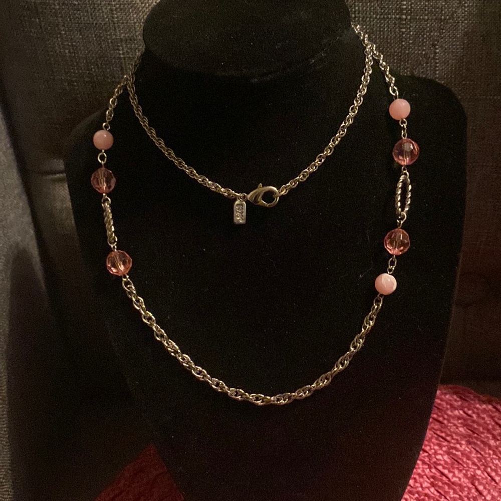 1928 brand - long silver tone chain with pink beads